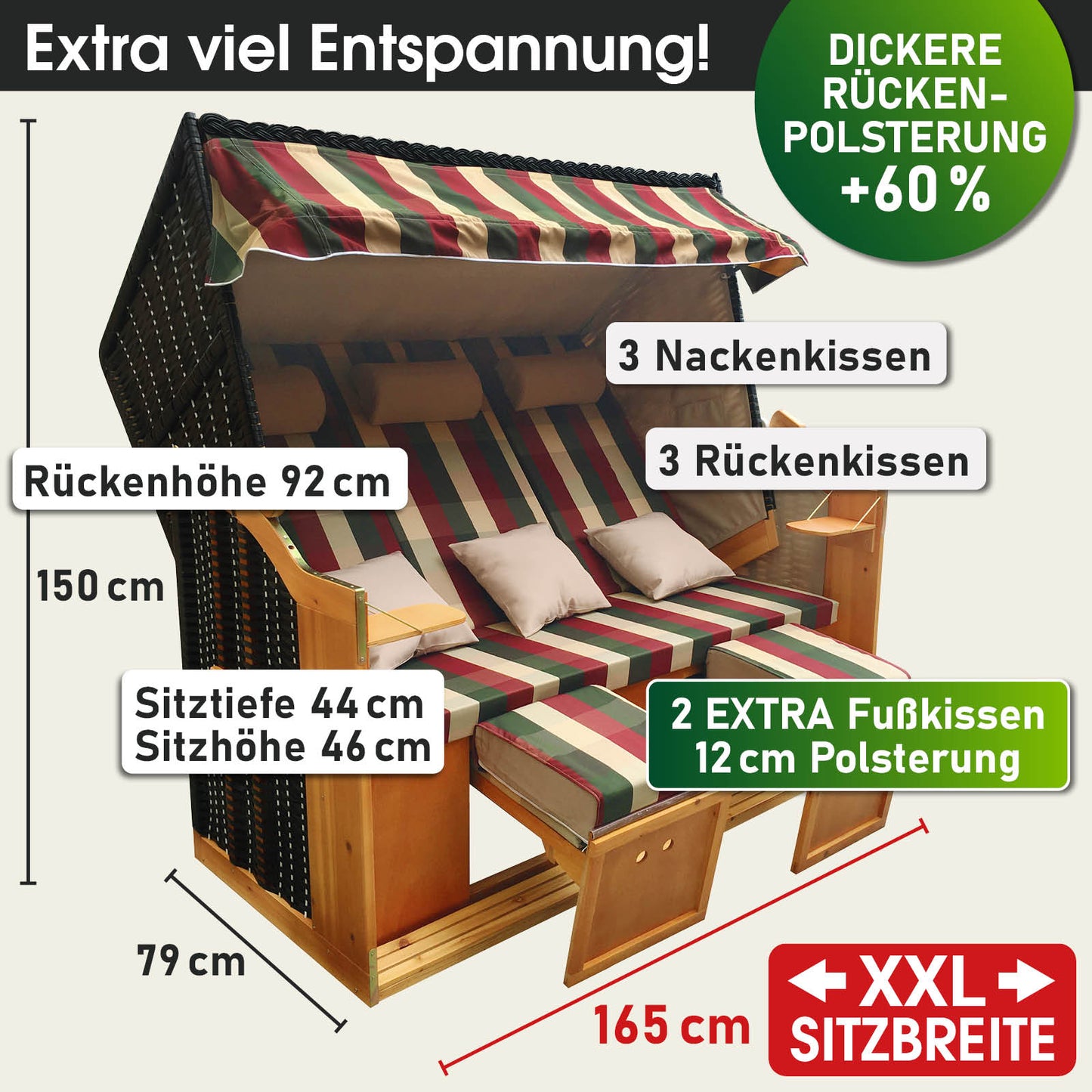 XXL Strandkorb 3-Sitzer USEDOM rot/grün/beige kariert
