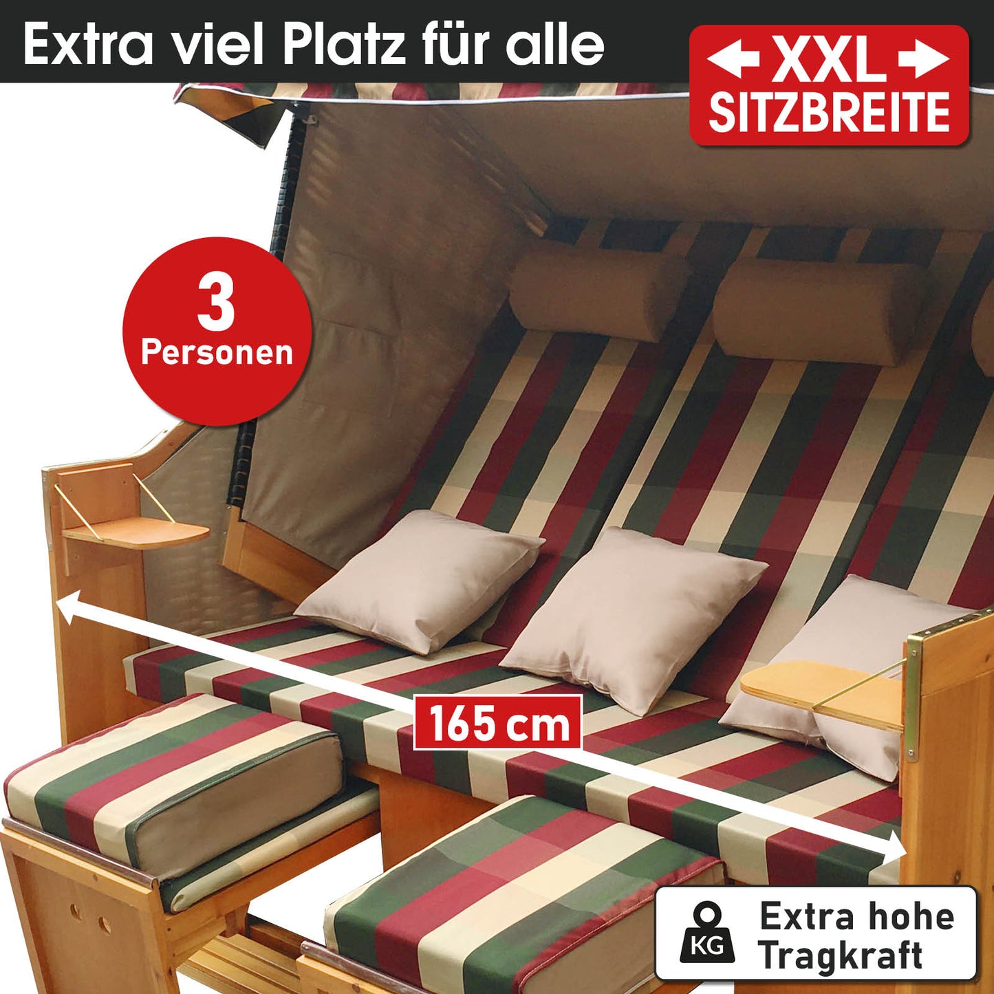 XXL Strandkorb 3-Sitzer USEDOM rot/grün/beige kariert