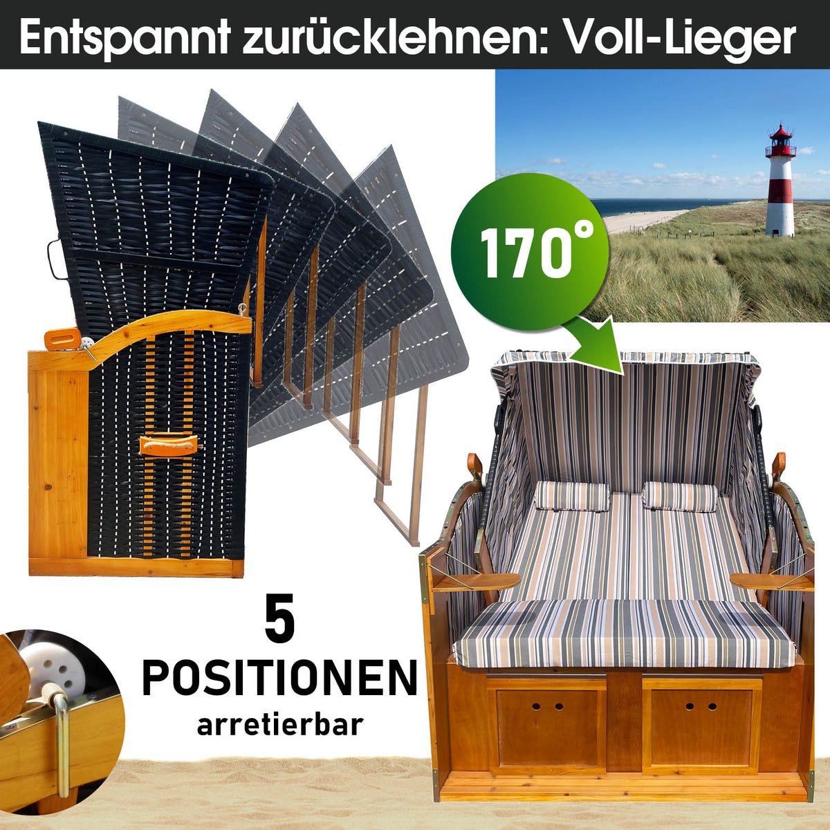 Strandkorb RÜGEN DELUXE grau/blau/olive gestreift