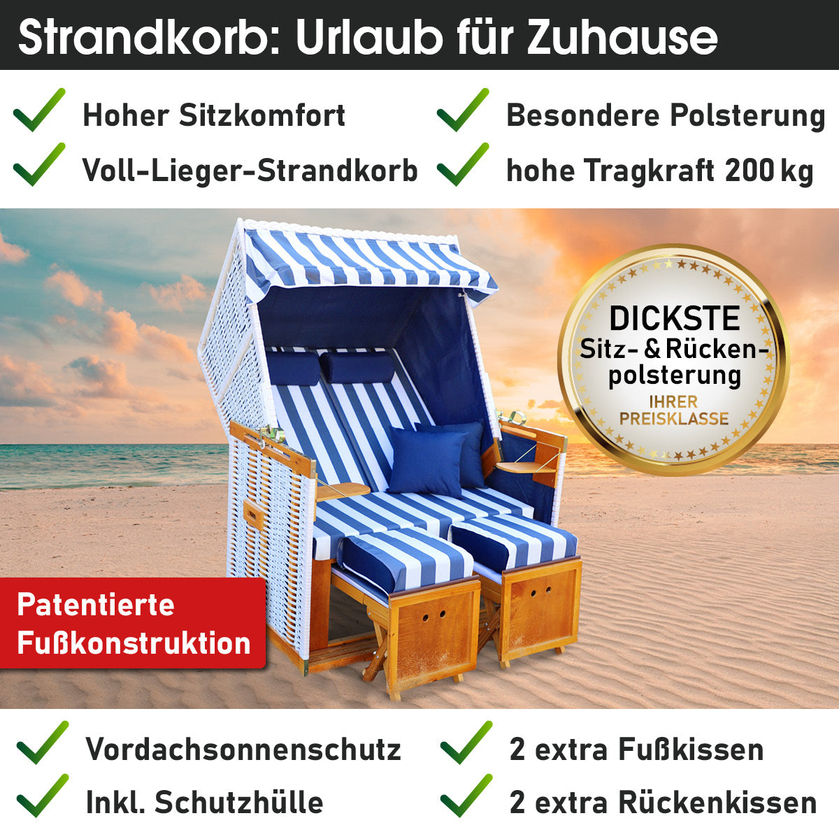Strandkorb NORDERNEY DELUXE blau/weiß gestreift