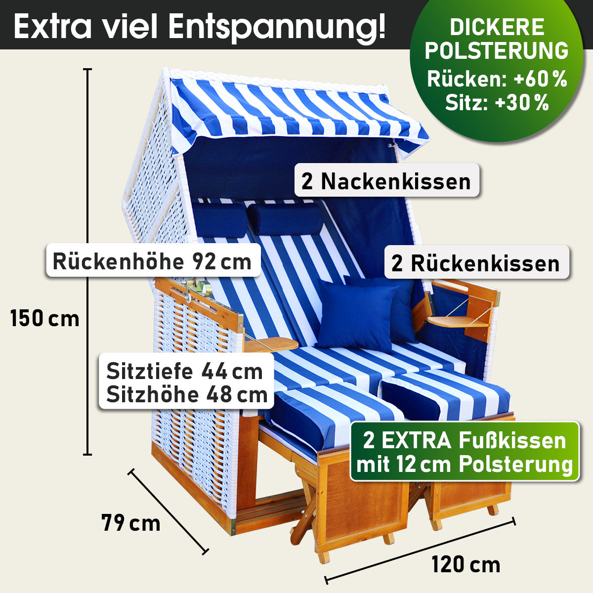 Strandkorb NORDERNEY DELUXE blau/weiß gestreift