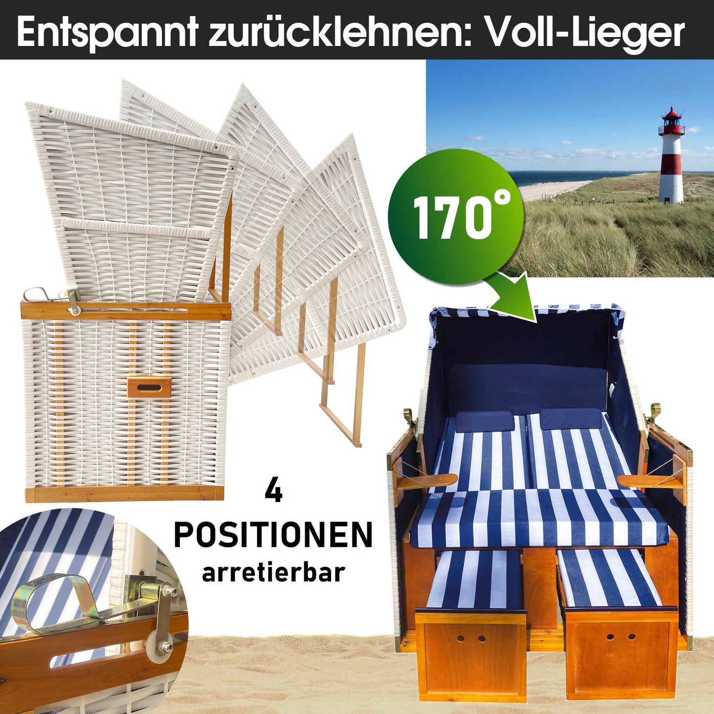 Strandkorb NORDERNEY DELUXE blau/weiß gestreift