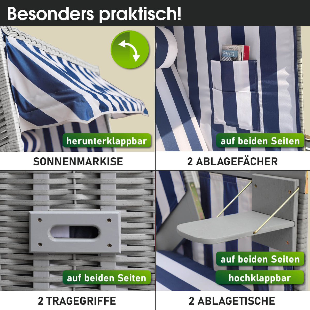 Strandkorb NORDERNEY DELUXE grau/blau/weiß gestreift