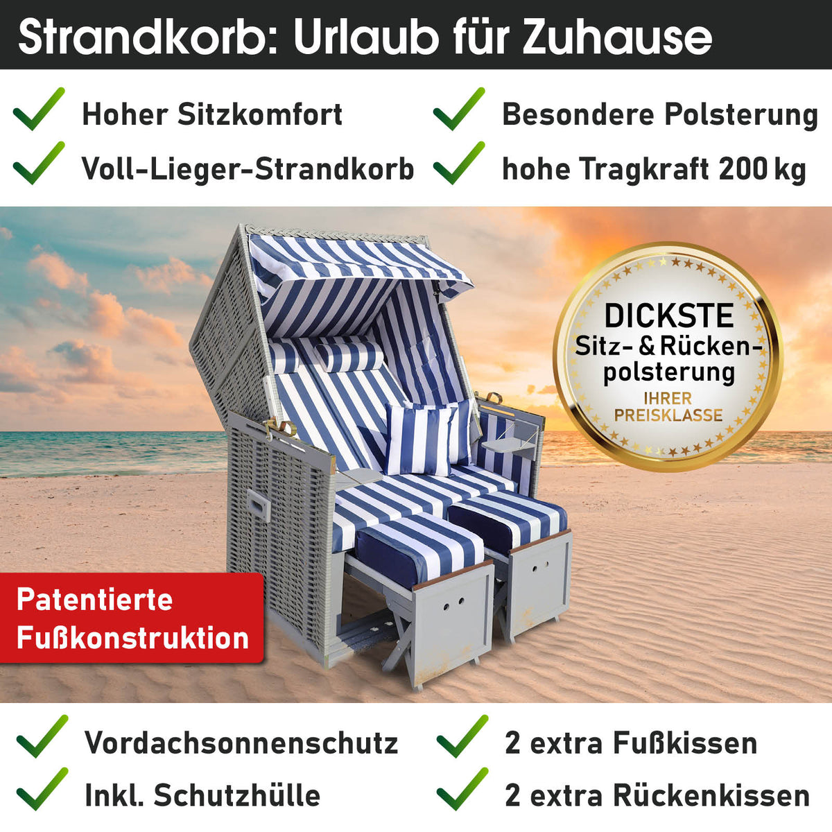 Strandkorb NORDERNEY DELUXE grau/blau/weiß gestreift