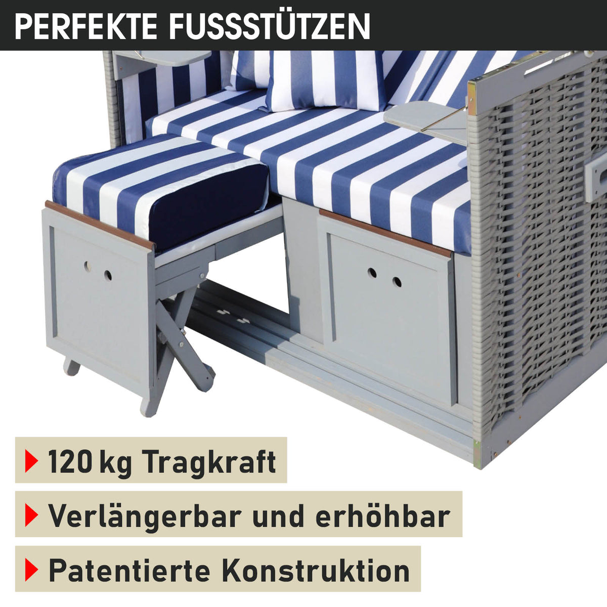 Strandkorb NORDERNEY DELUXE grau/blau/weiß gestreift