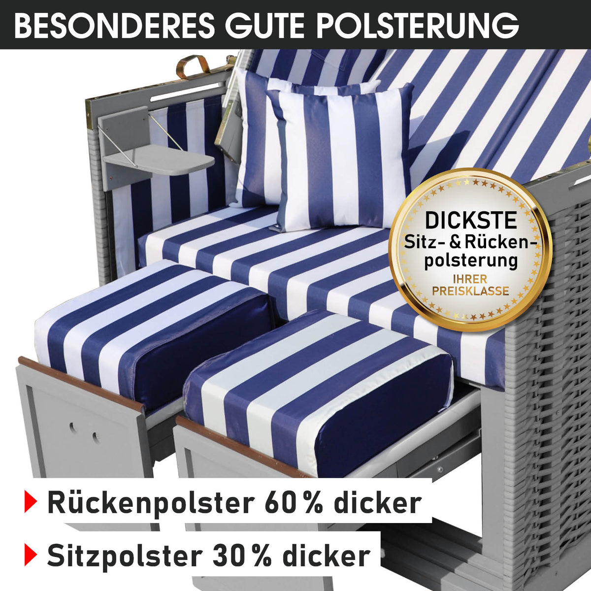 Strandkorb NORDERNEY DELUXE grau/blau/weiß gestreift