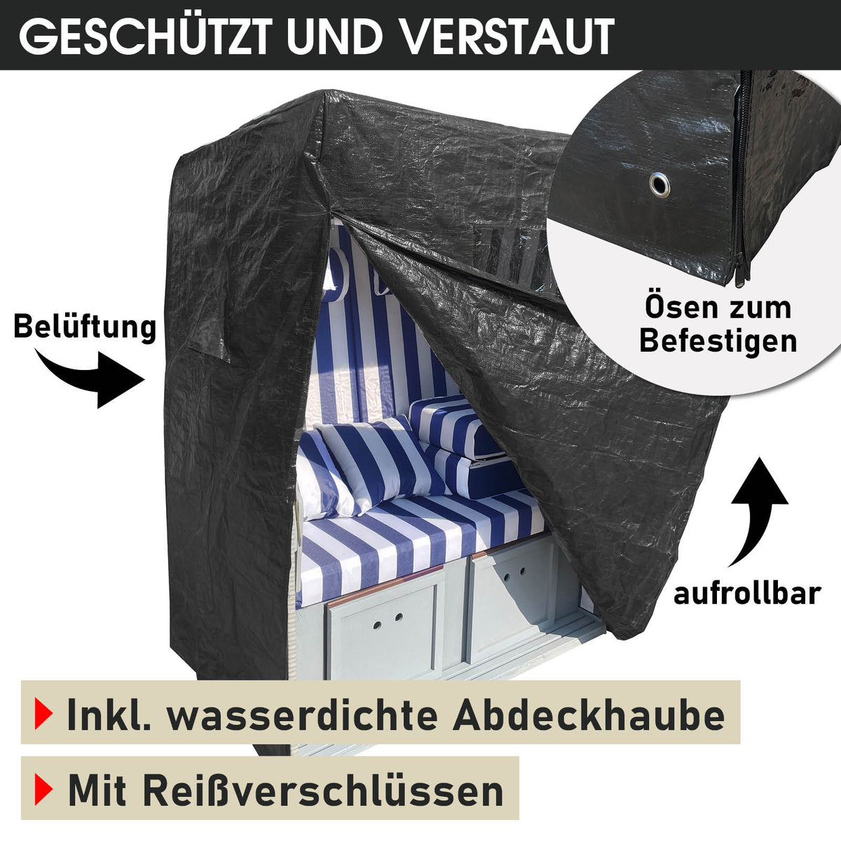 Strandkorb NORDERNEY DELUXE grau/blau/weiß gestreift