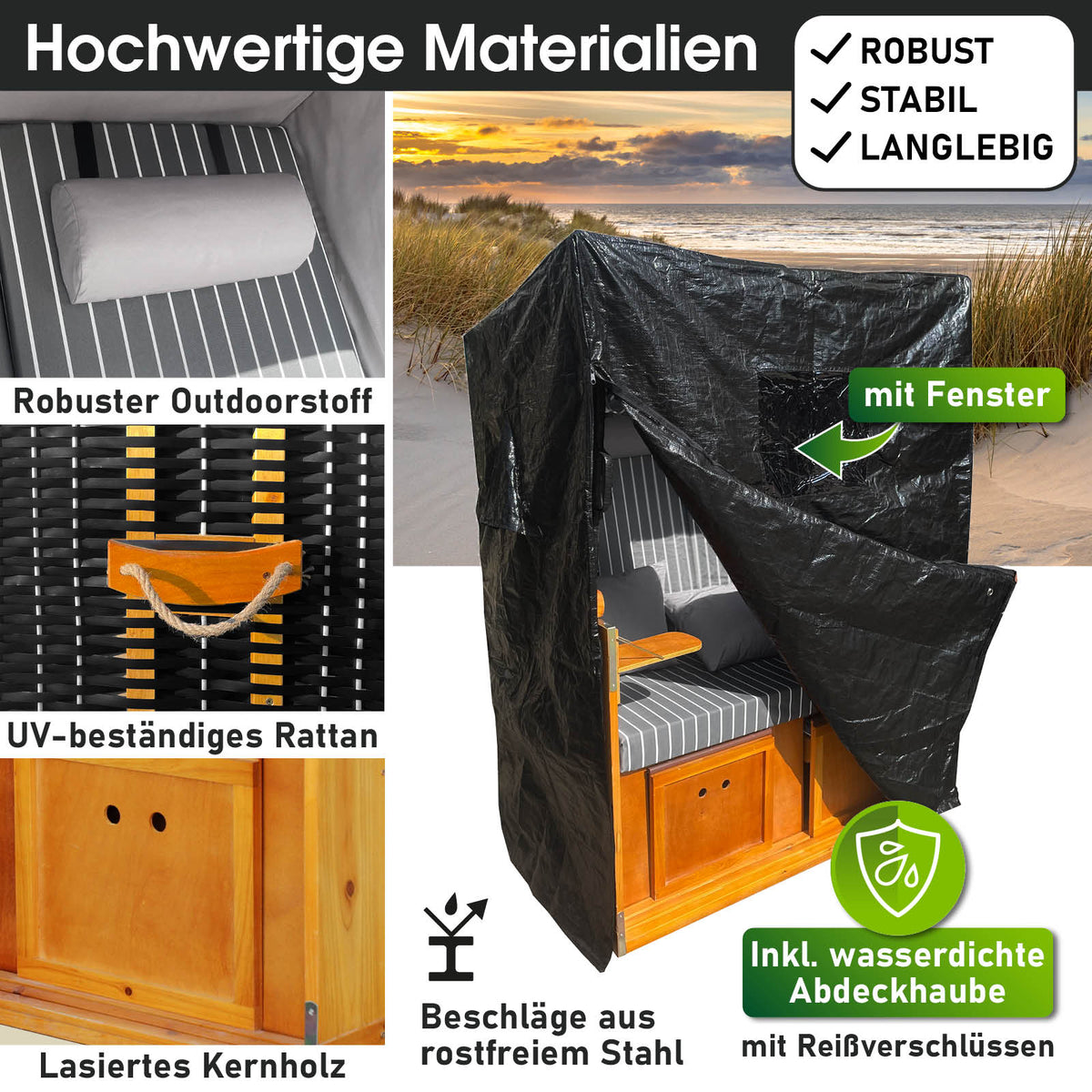 Strandkorb RÜGEN DELUXE Nadelstreifen anthrazit/weiß