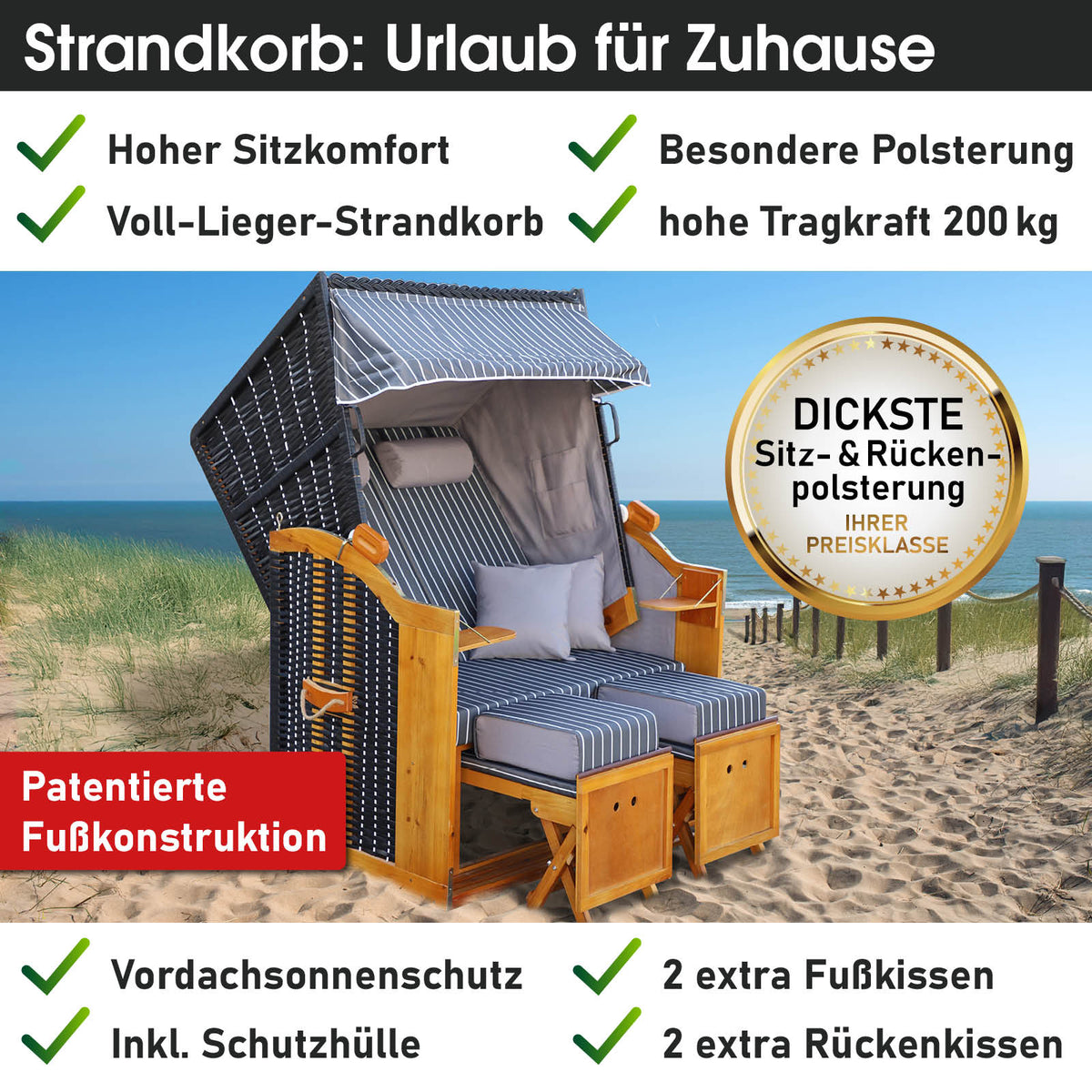 Strandkorb RÜGEN DELUXE Nadelstreifen anthrazit/weiß