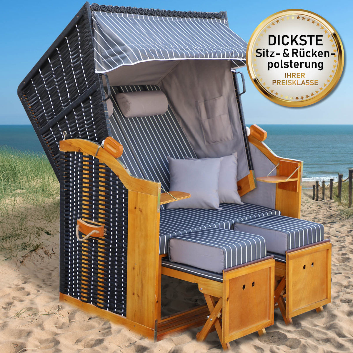 Strandkorb RÜGEN DELUXE Nadelstreifen anthrazit/weiß