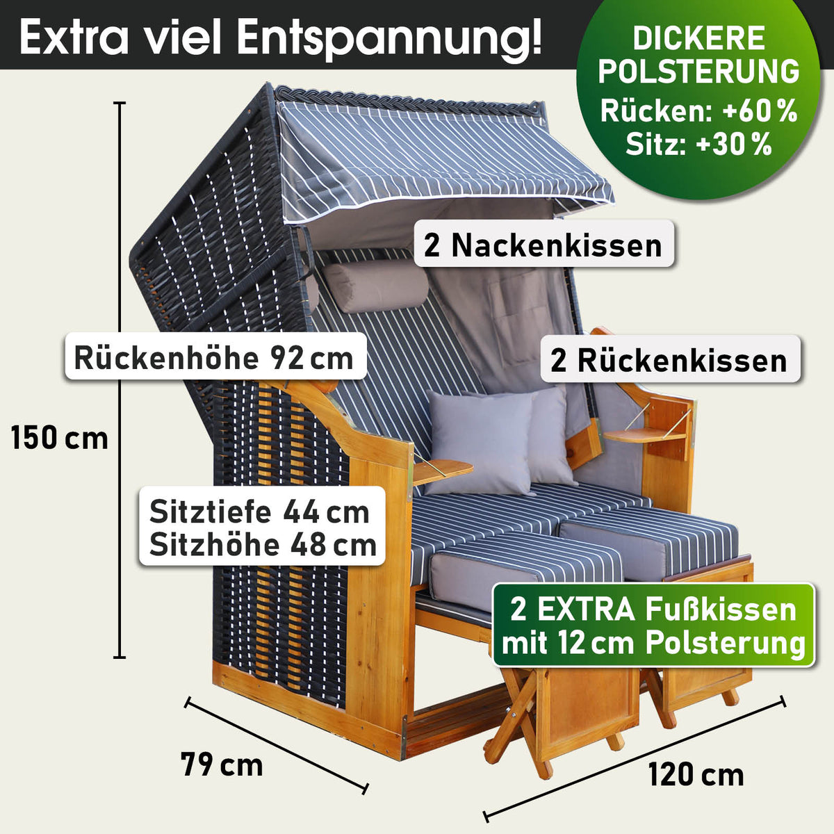Strandkorb RÜGEN DELUXE Nadelstreifen anthrazit/weiß