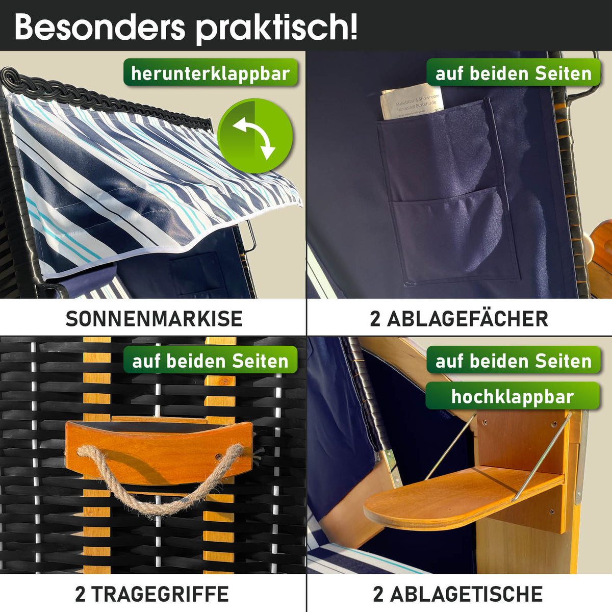 Strandkorb RÜGEN DELUXE blau/hellblau/weiß gestreift