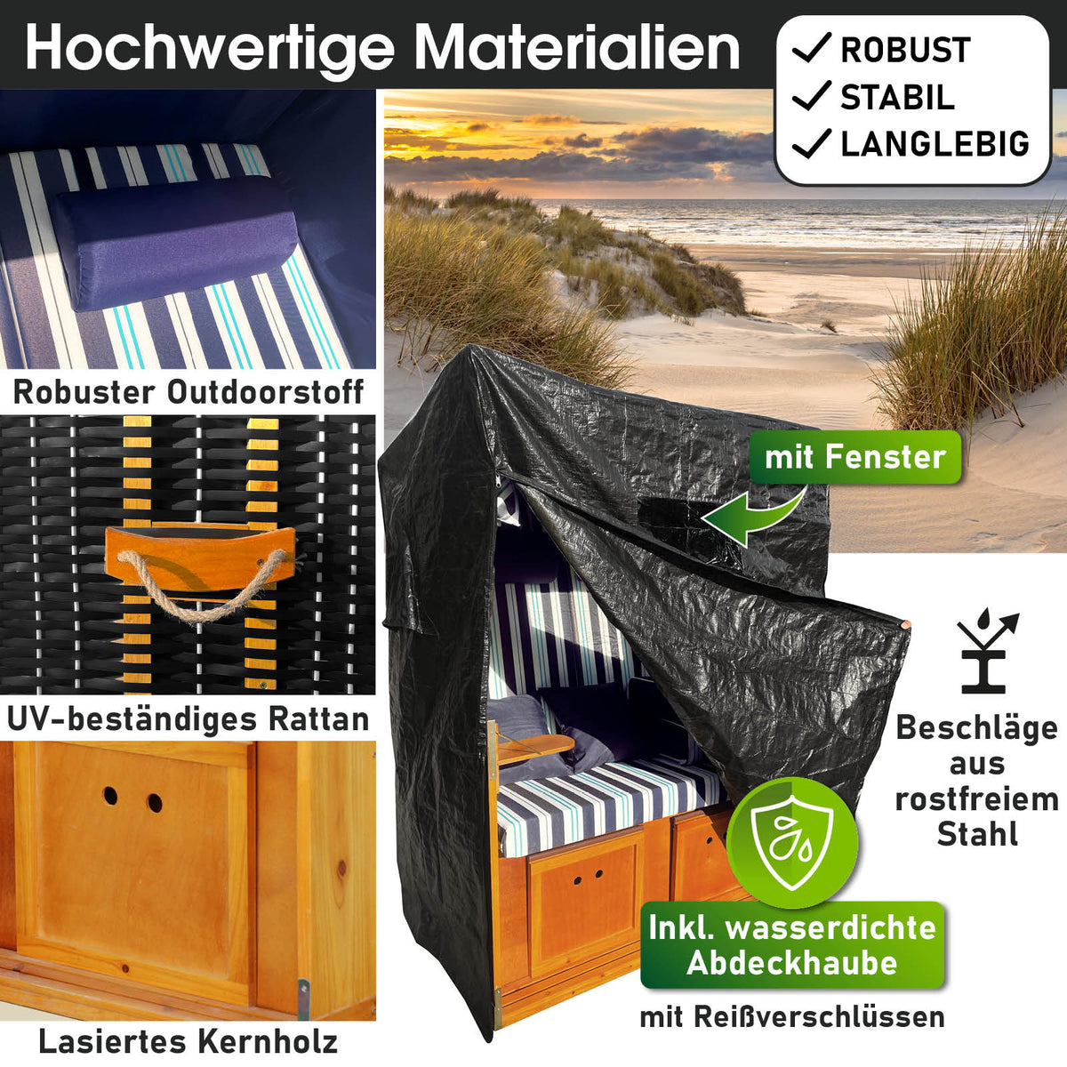 Strandkorb RÜGEN DELUXE blau/hellblau/weiß gestreift