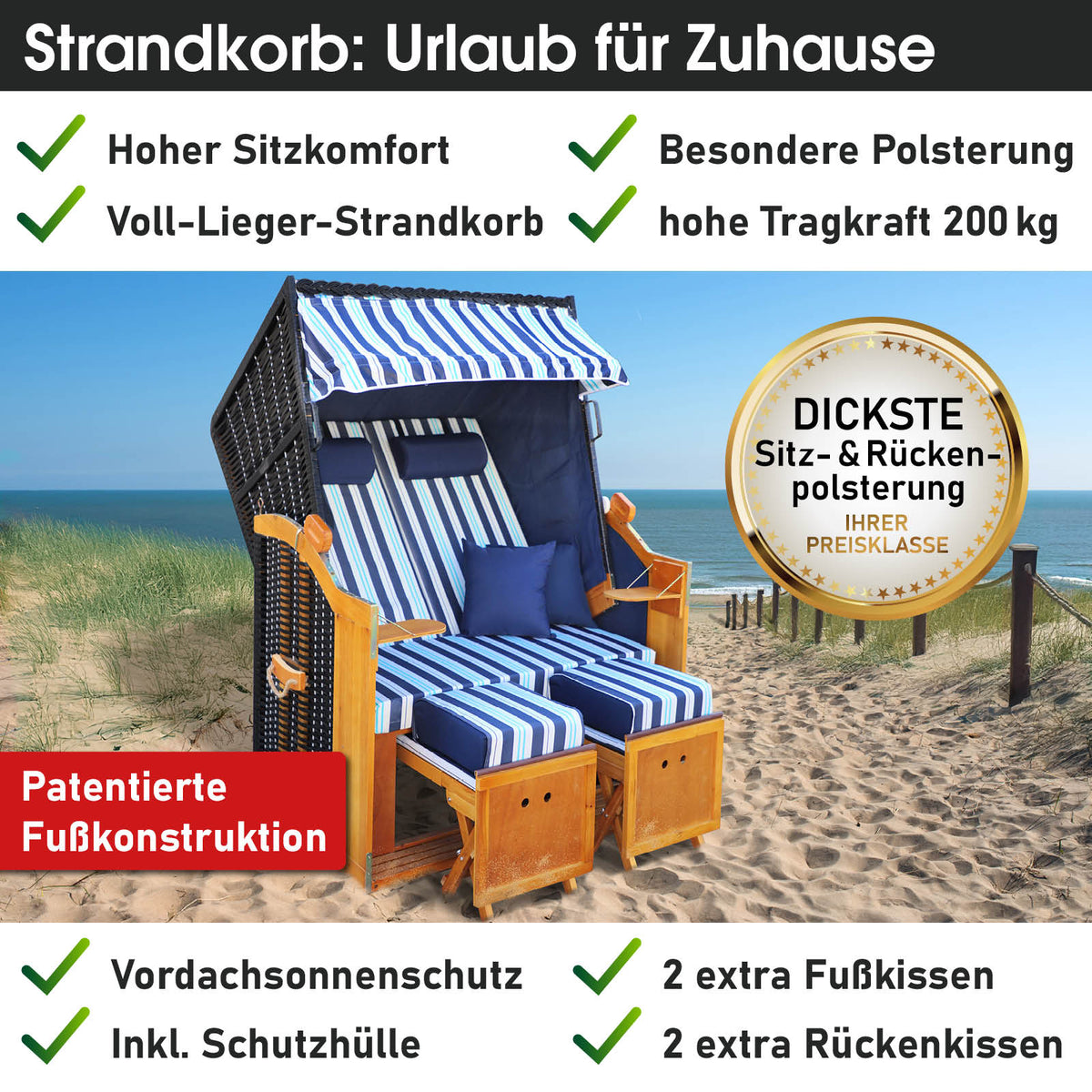 Strandkorb RÜGEN DELUXE blau/hellblau/weiß gestreift