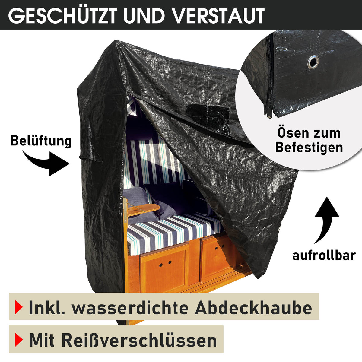 Strandkorb RÜGEN DELUXE blau/hellblau/weiß gestreift
