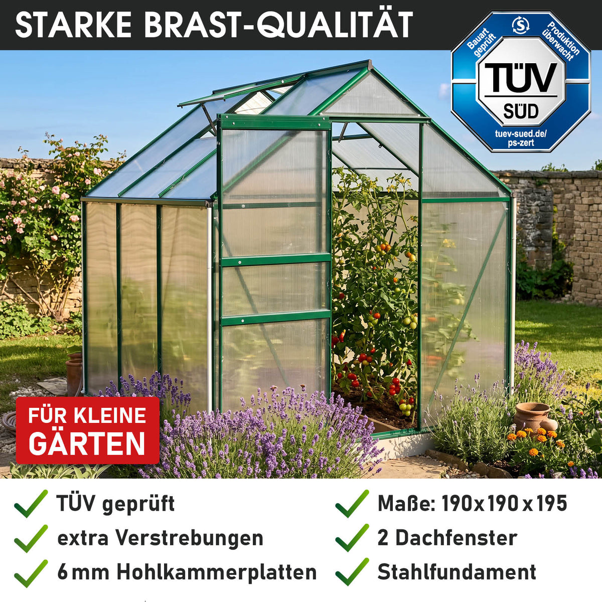 Aluminium-Gewächshaus 190x190x195 Alu-Profile Grün