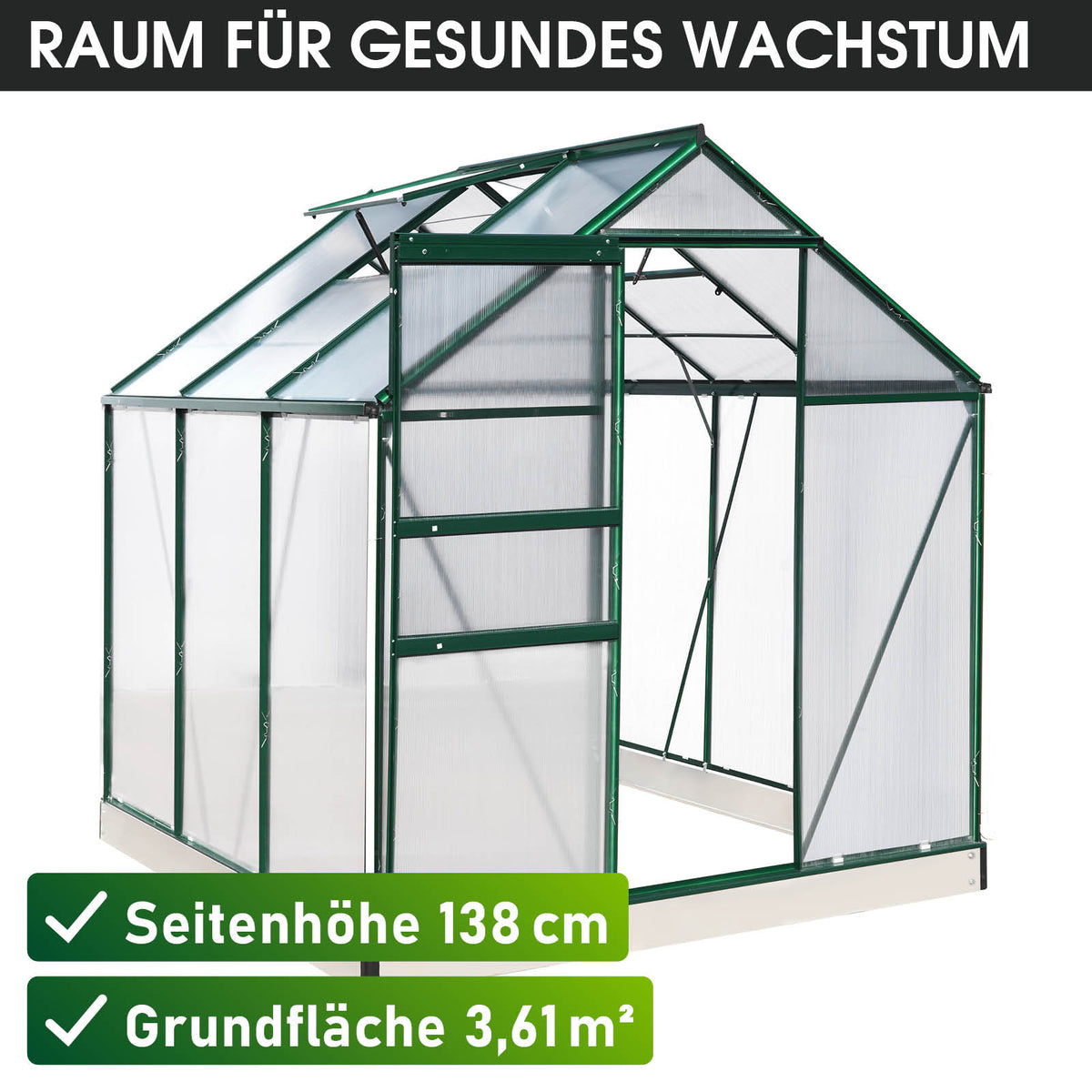 Aluminium-Gewächshaus 190x190x195 Alu-Profile Grün