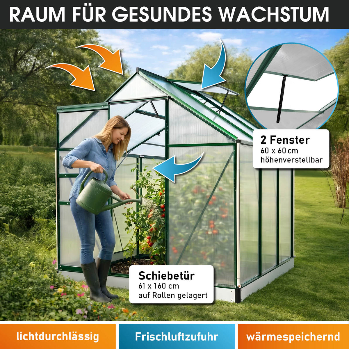 Aluminium-Gewächshaus 190x190x195 Alu-Profile Grün