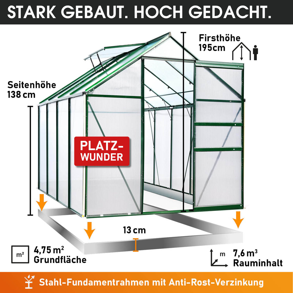 Aluminium-Gewächshaus 250x190x195 Alu-Profile Grün
