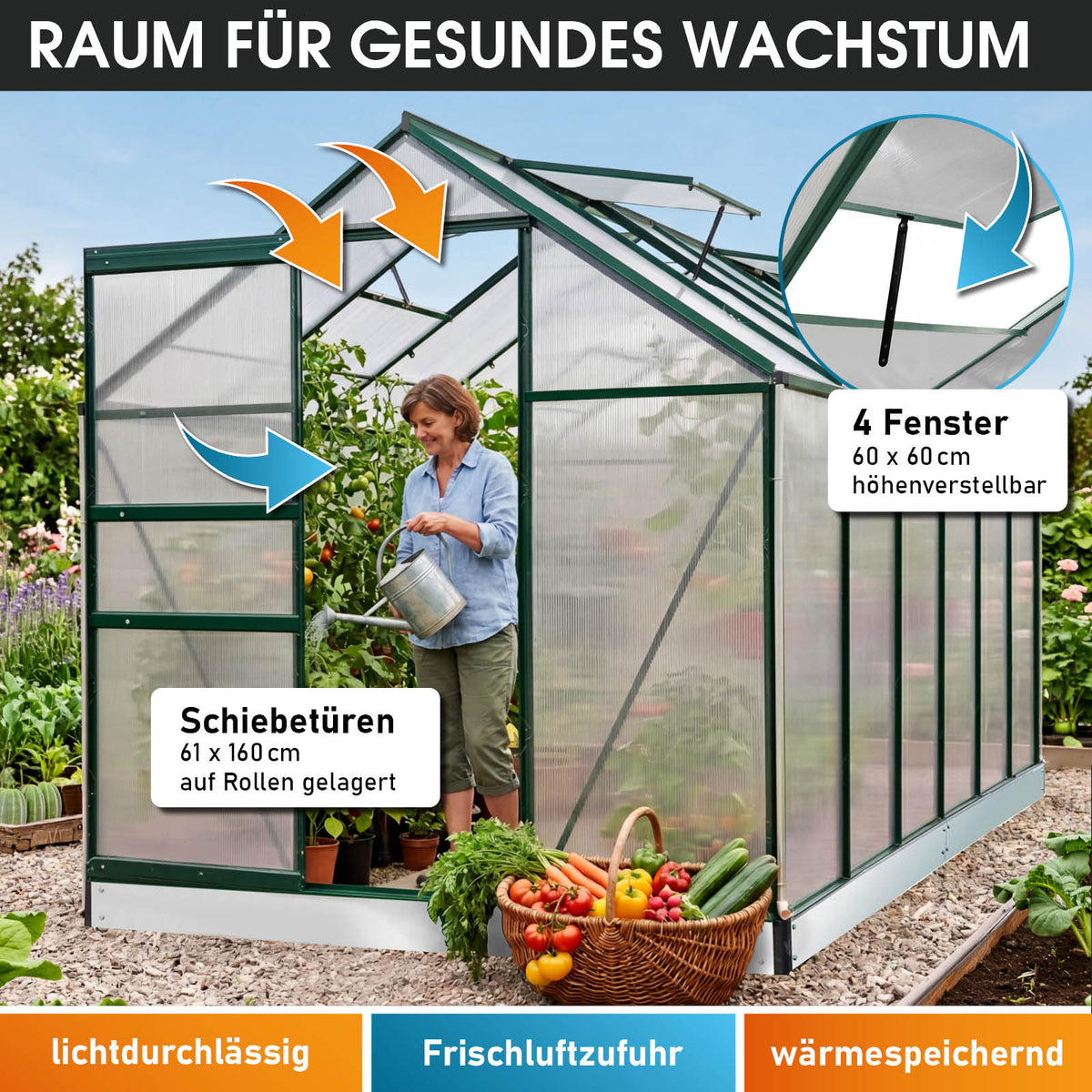 Aluminium-Gewächshaus 380x190x195 Alu-Profile Grün