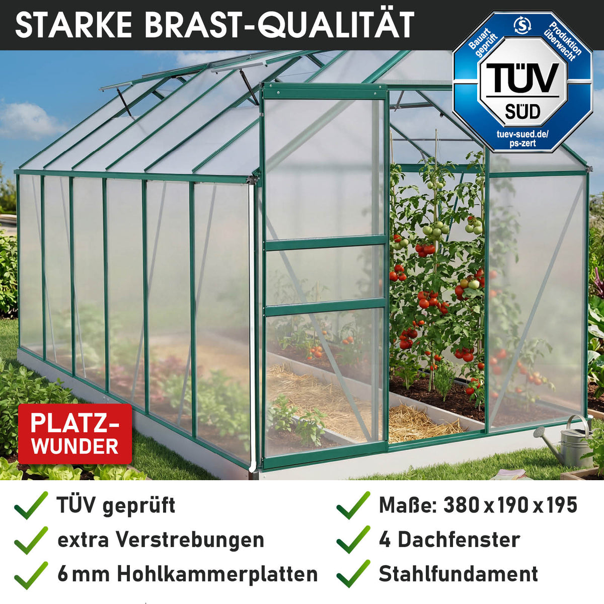 Aluminium-Gewächshaus 380x190x195 Alu-Profile Grün