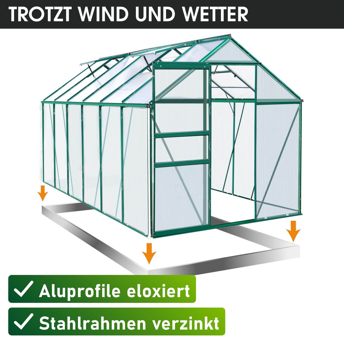 Aluminium-Gewächshaus 380x190x195 Alu-Profile Grün
