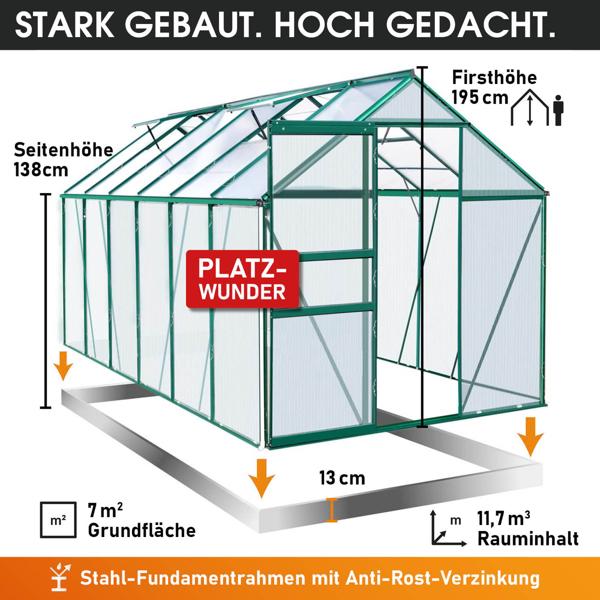 Aluminium-Gewächshaus 380x190x195 Alu-Profile Grün