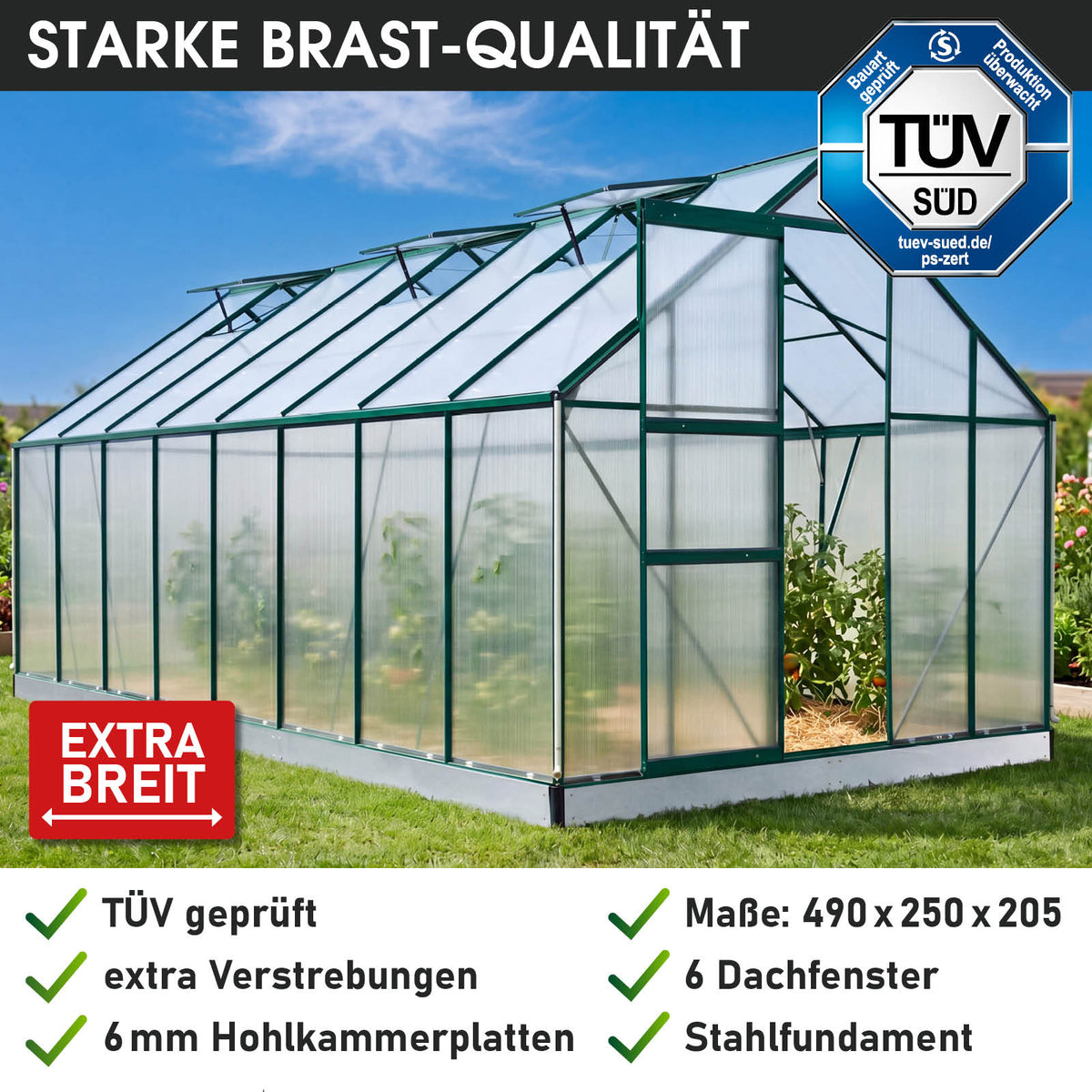 Aluminium-Gewächshaus 490x250x205 Alu-Profile Grün