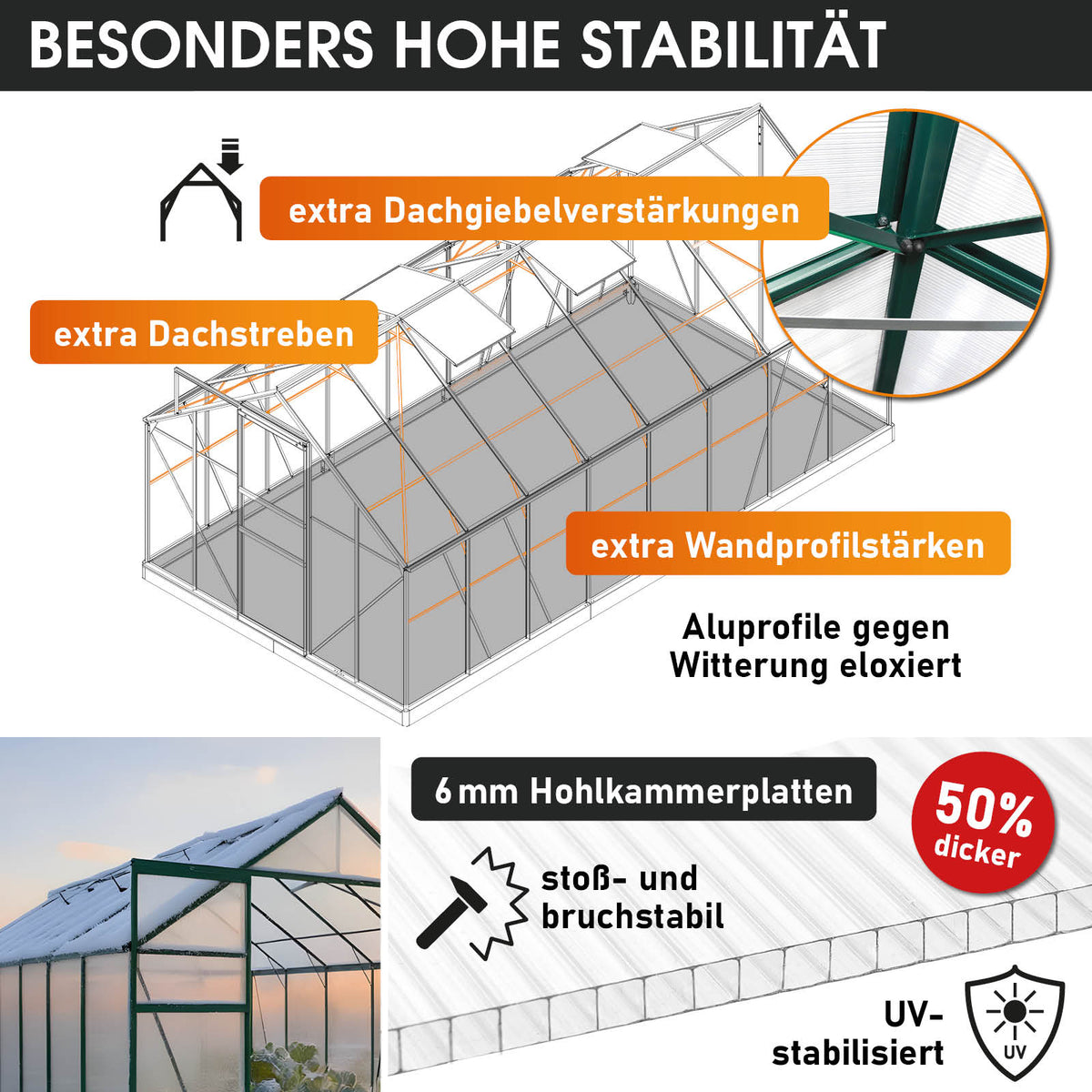 Aluminium-Gewächshaus 490x250x205 Alu-Profile Grün
