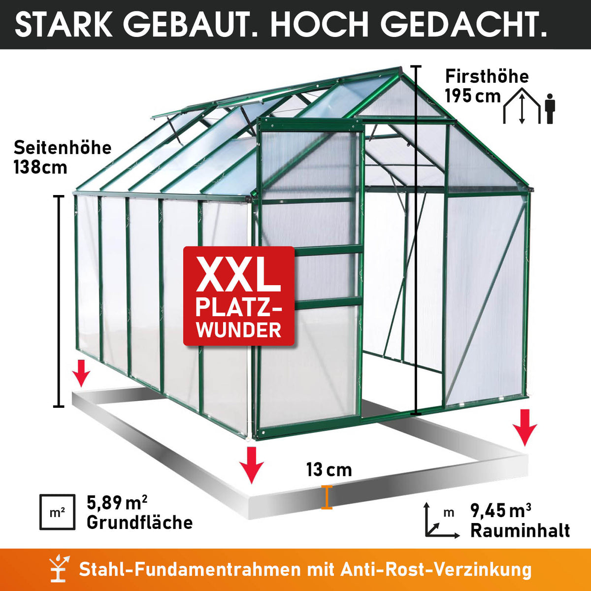 Aluminium-Gewächshaus 310x190x195 Alu-Profile Grün