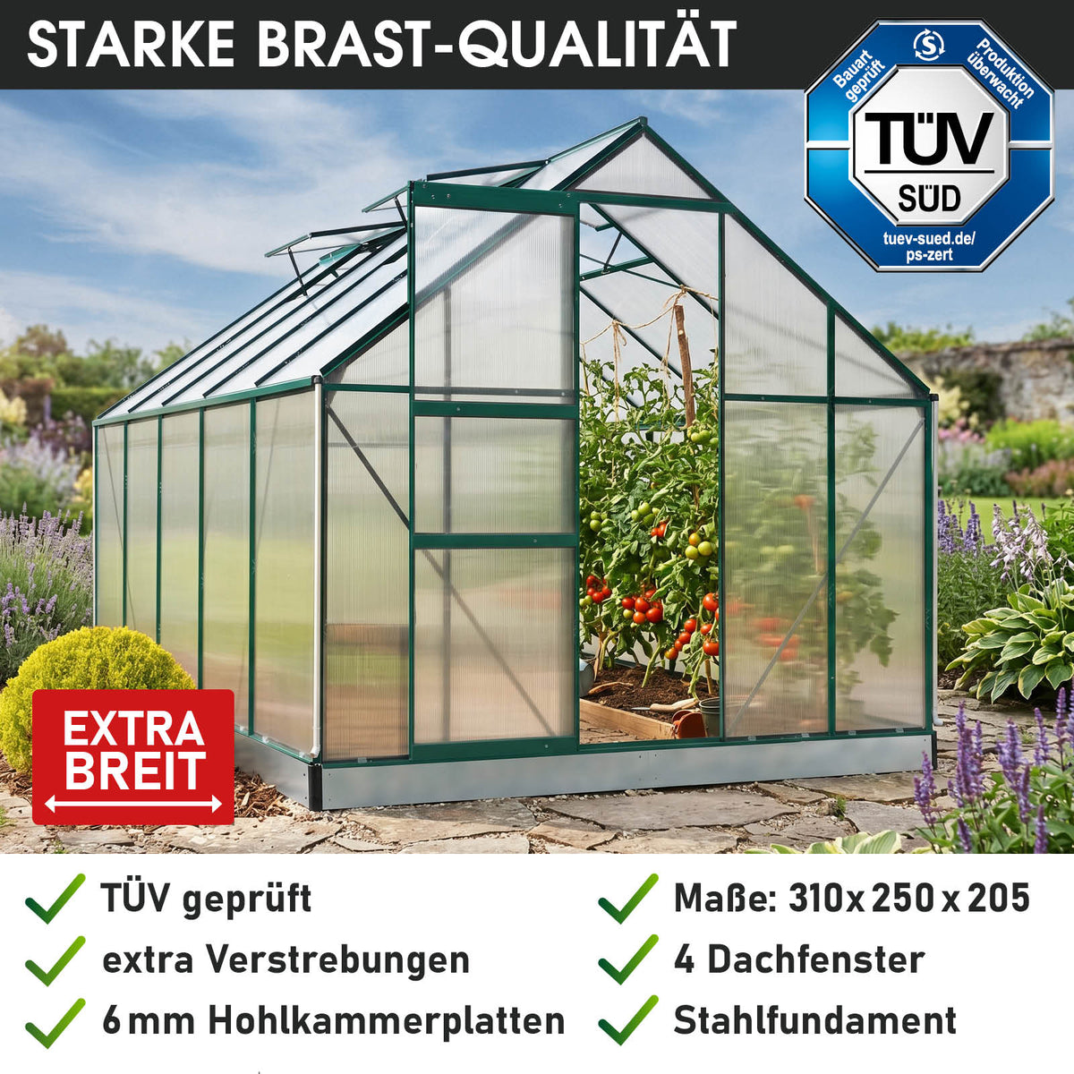 Aluminium-Gewächshaus 310x250x205 Alu-Profile Grün
