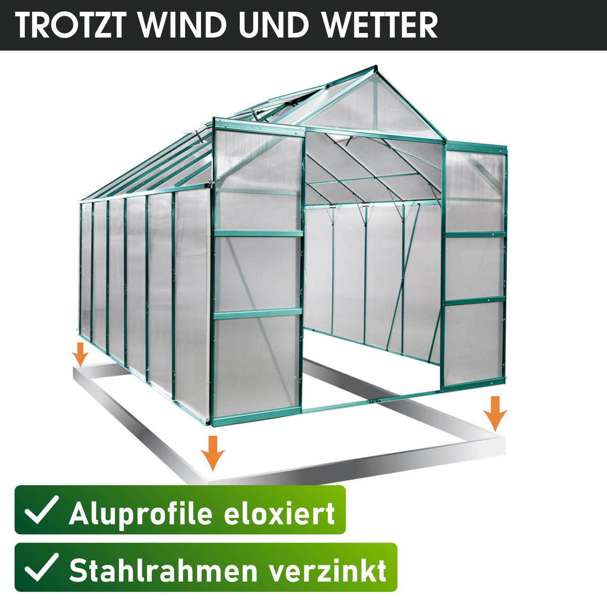 Aluminium-Gewächshaus 380x250x235 Alu-Profile Grün