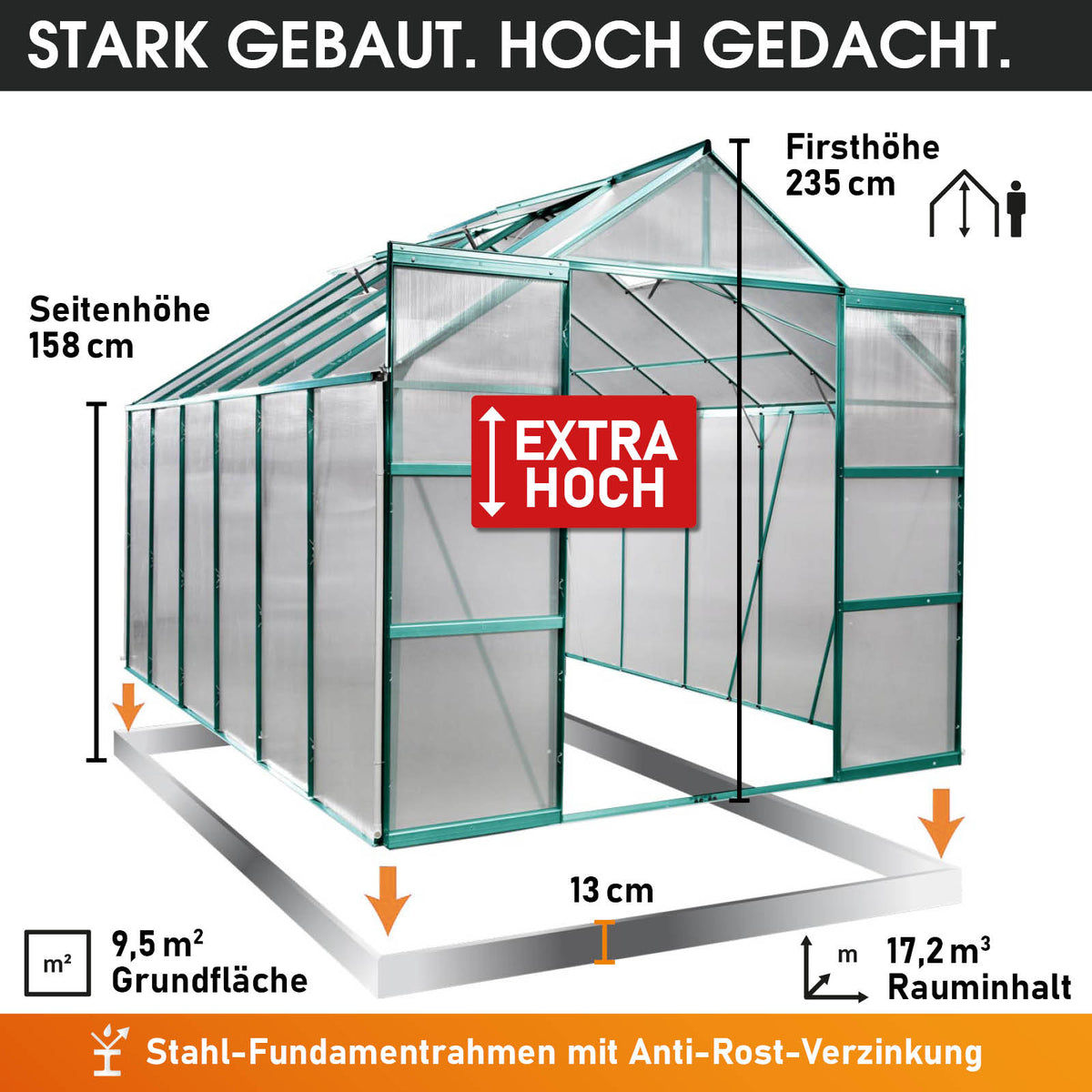 Aluminium-Gewächshaus 380x250x235 Alu-Profile Grün