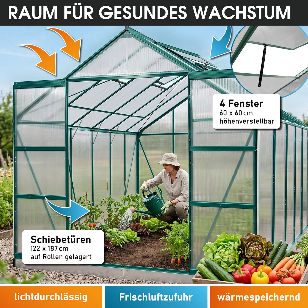 Aluminium-Gewächshaus 380x250x235 Alu-Profile Grün