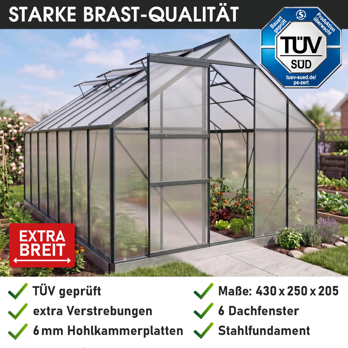Aluminium-Gewächshaus 430x250x205 Alu-Profile Grau