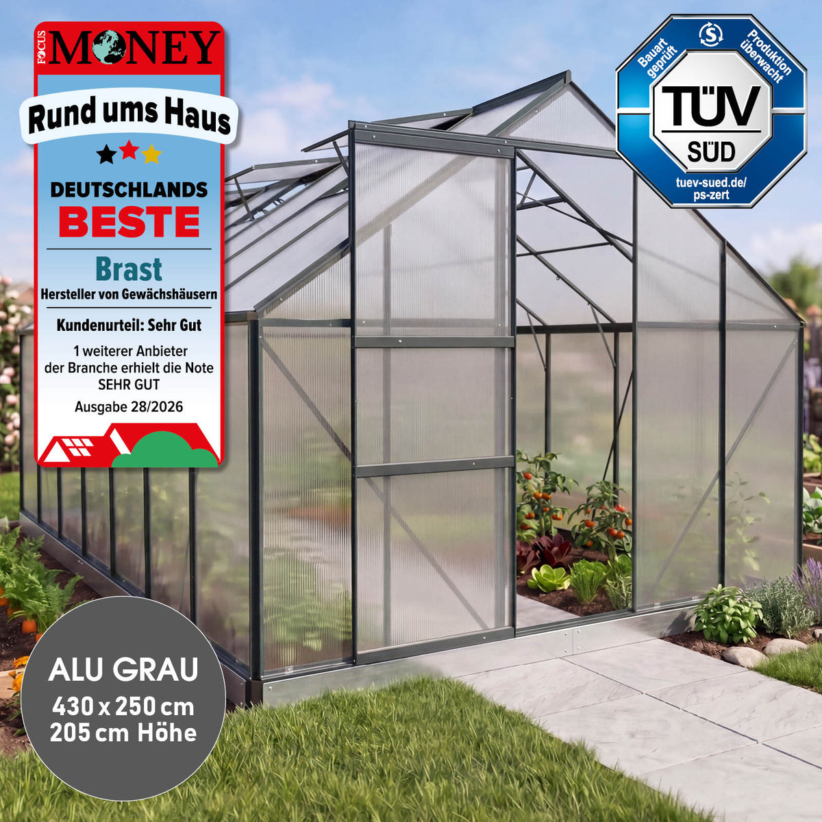 Aluminium-Gewächshaus 430x250x205 Alu-Profile Grau