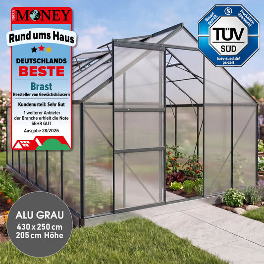 Aluminium-Gewächshaus 430x250x205 Alu-Profile Grau