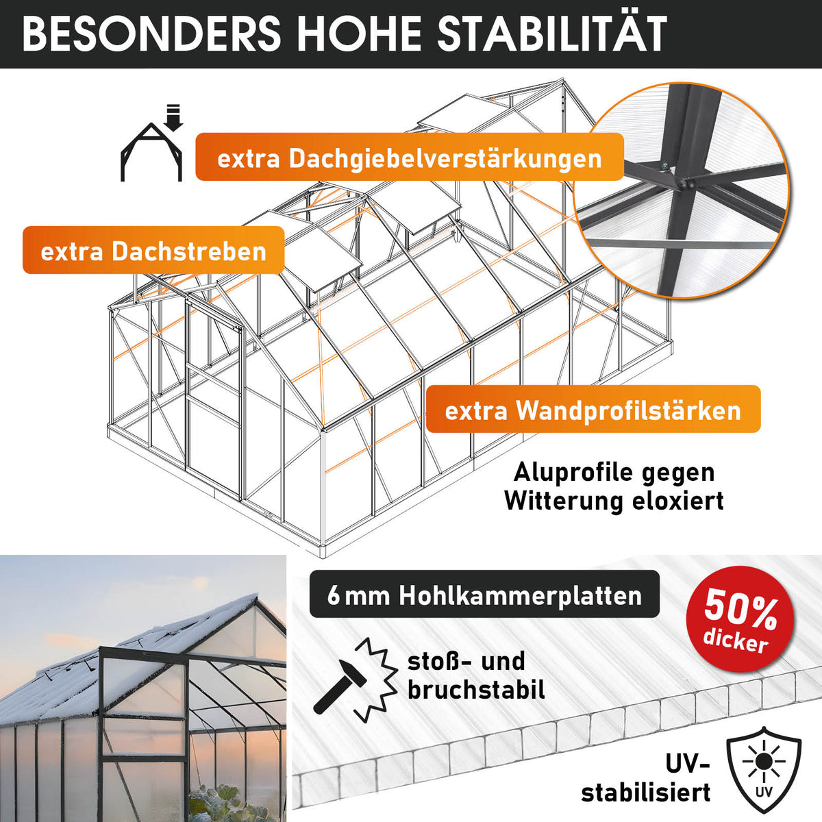 Aluminium-Gewächshaus 430x250x205 Alu-Profile Grau