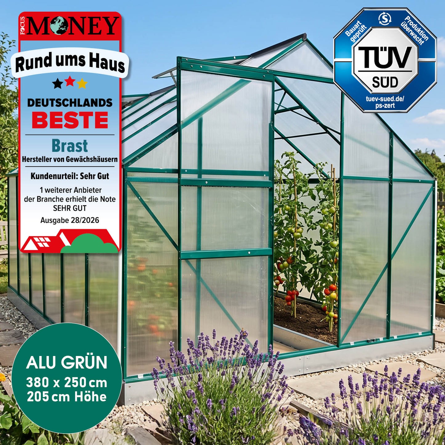 BRAST Aluminium-Gewächshaus 380x250x205 Alu-Profile Grün