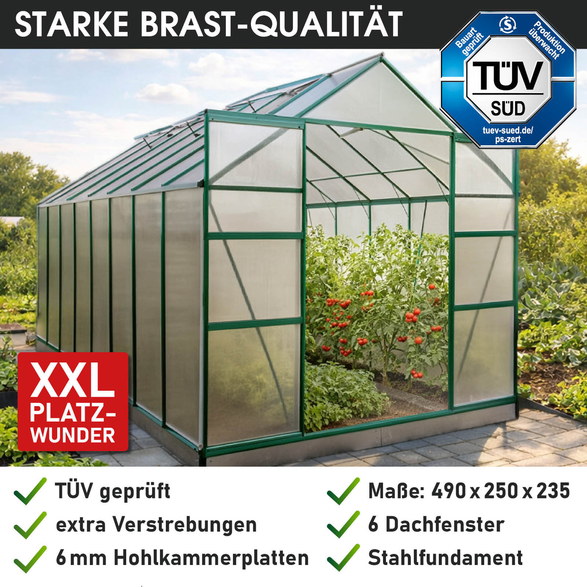 BRAST Aluminium-Gewächshaus 490x250x235 Alu-Profile Grün
