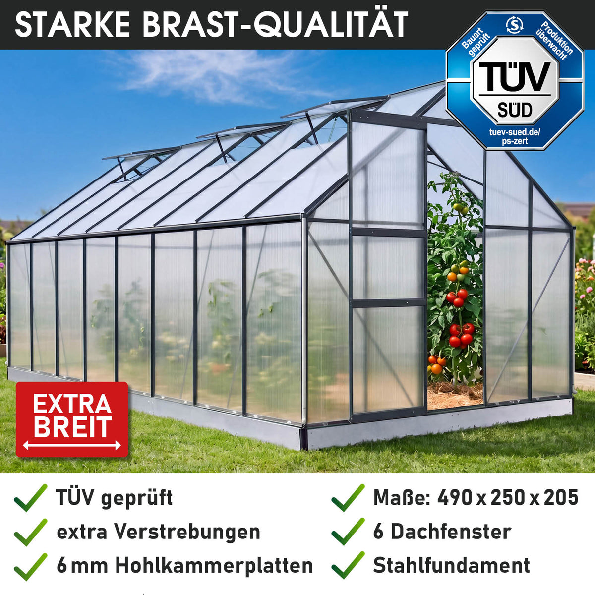 BRAST Aluminium-Gewächshaus 490x250x205 Anthrazit