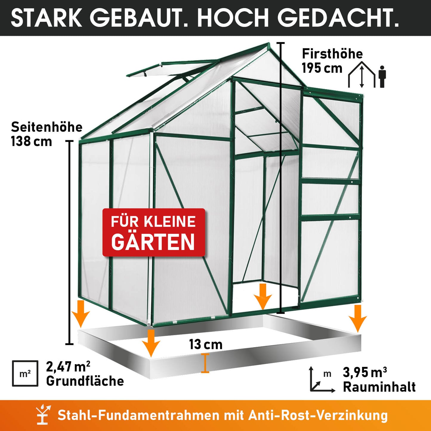 Aluminium Gewächshaus 130x190x195 grün