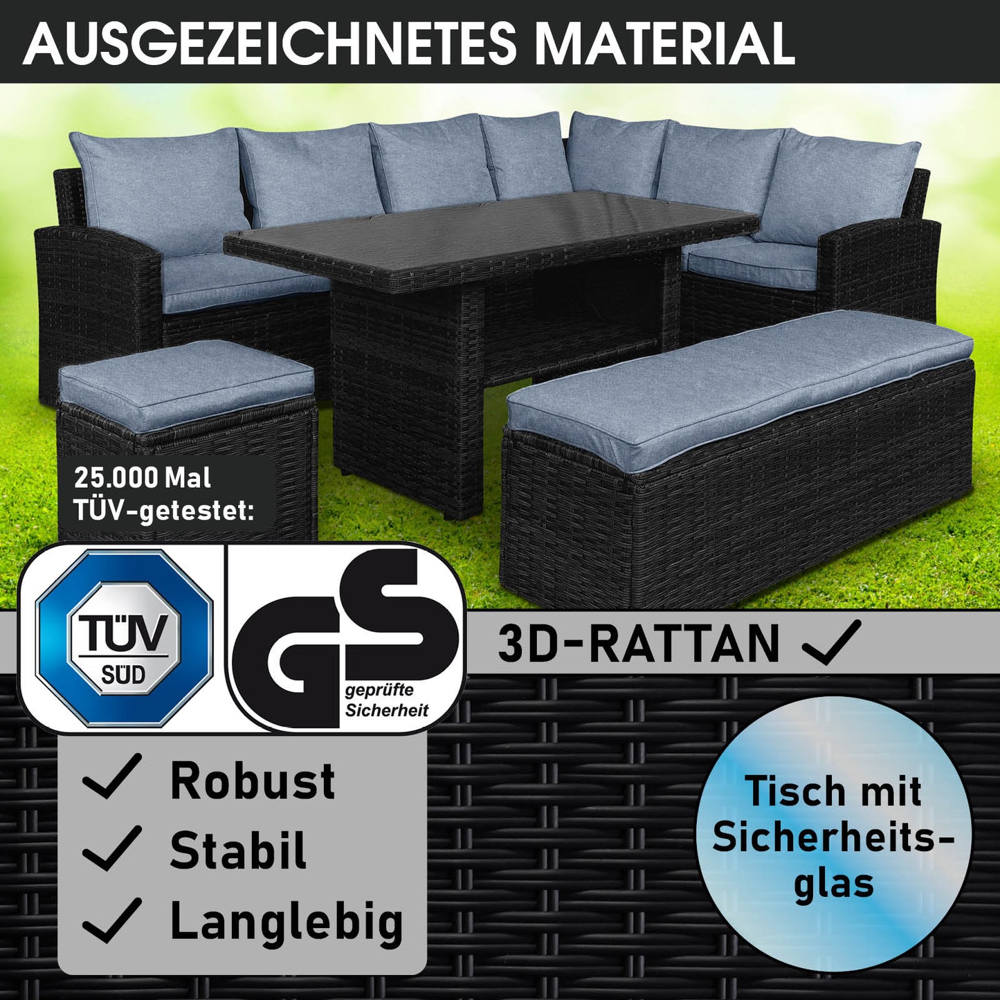 Polyrattan Sofa Essgruppe ECO schwarz/grau