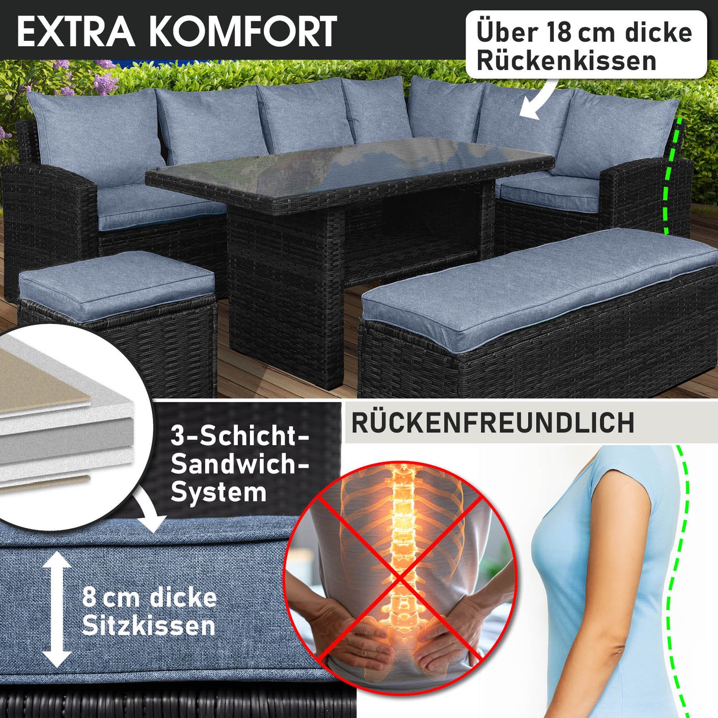 Polyrattan Sofa Essgruppe ECO schwarz/grau