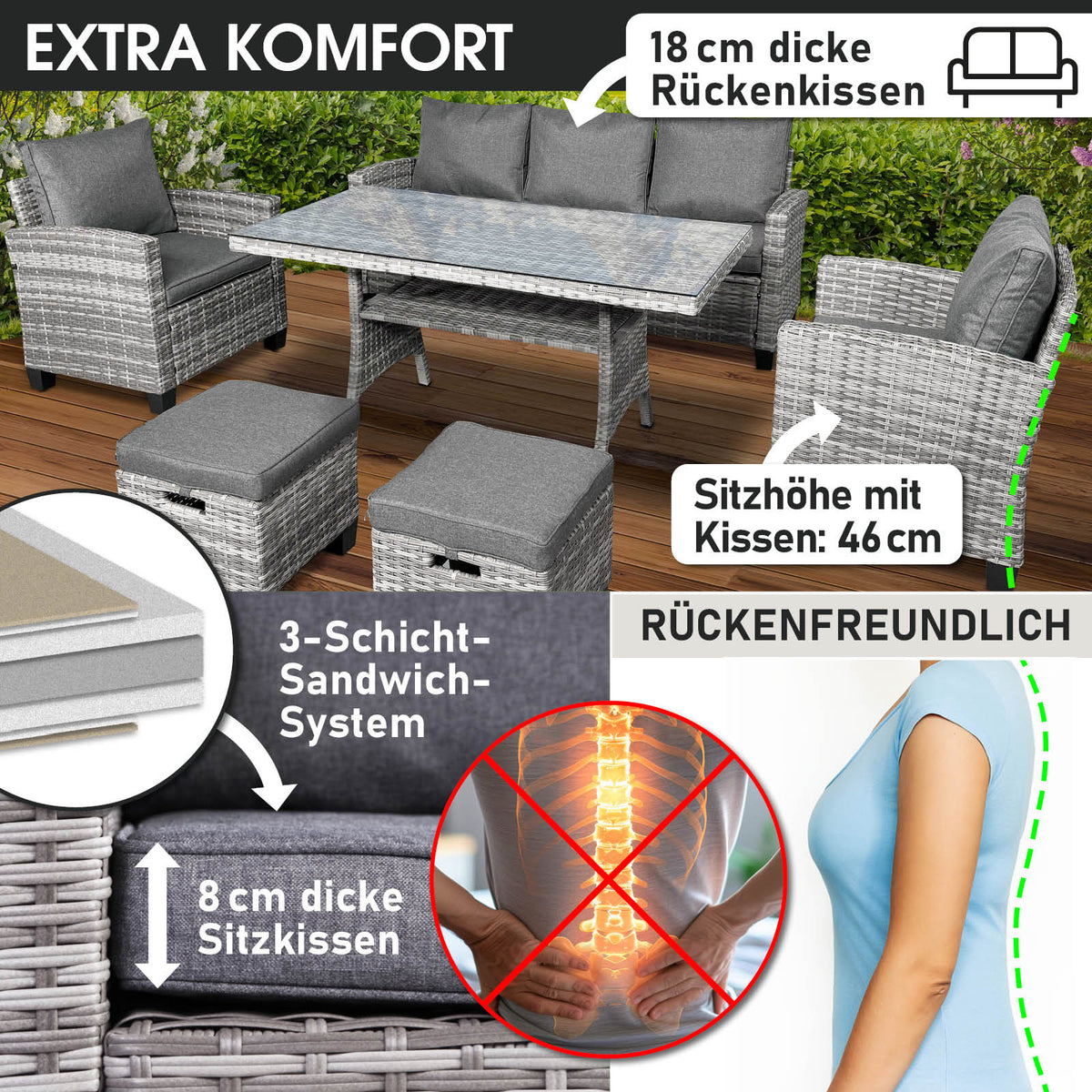 Polyrattan Sofa Essgruppe DELIGHT grau/anthrazit