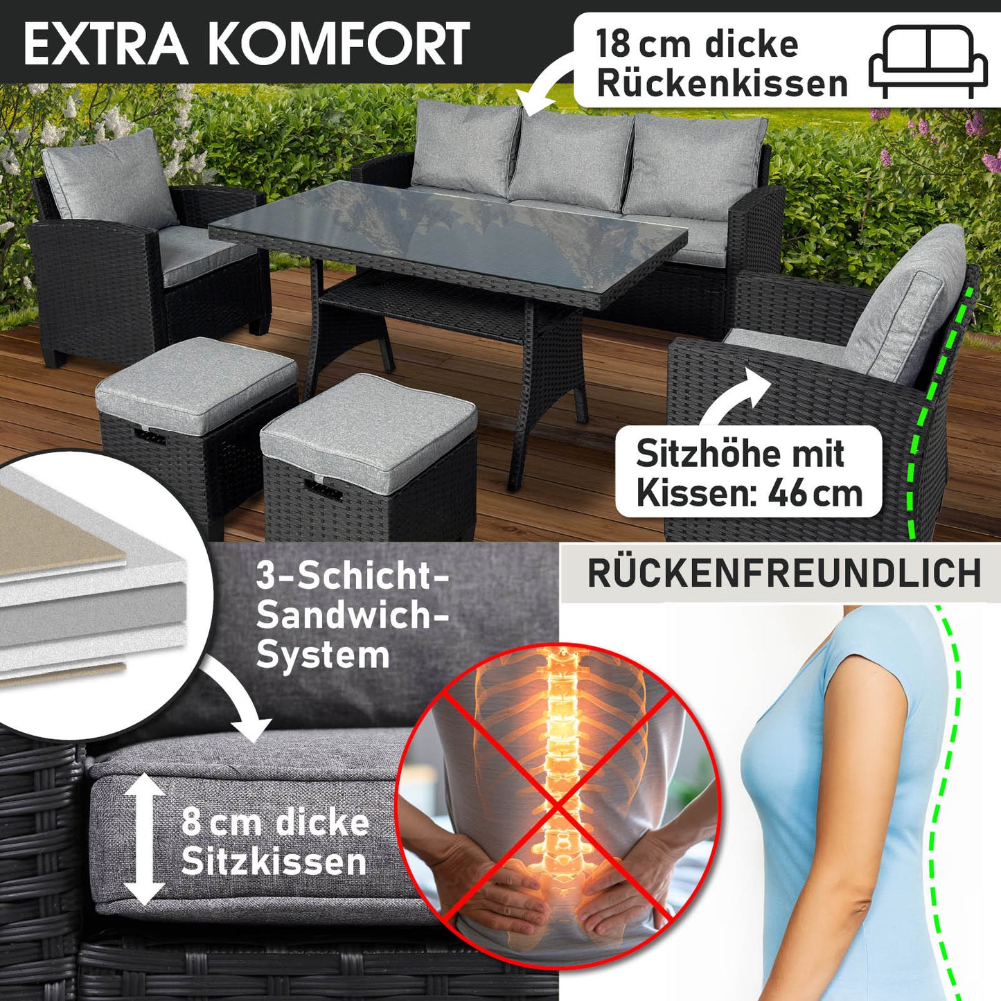 Polyrattan Sofa Essgruppe DELIGHT schwarz/grau