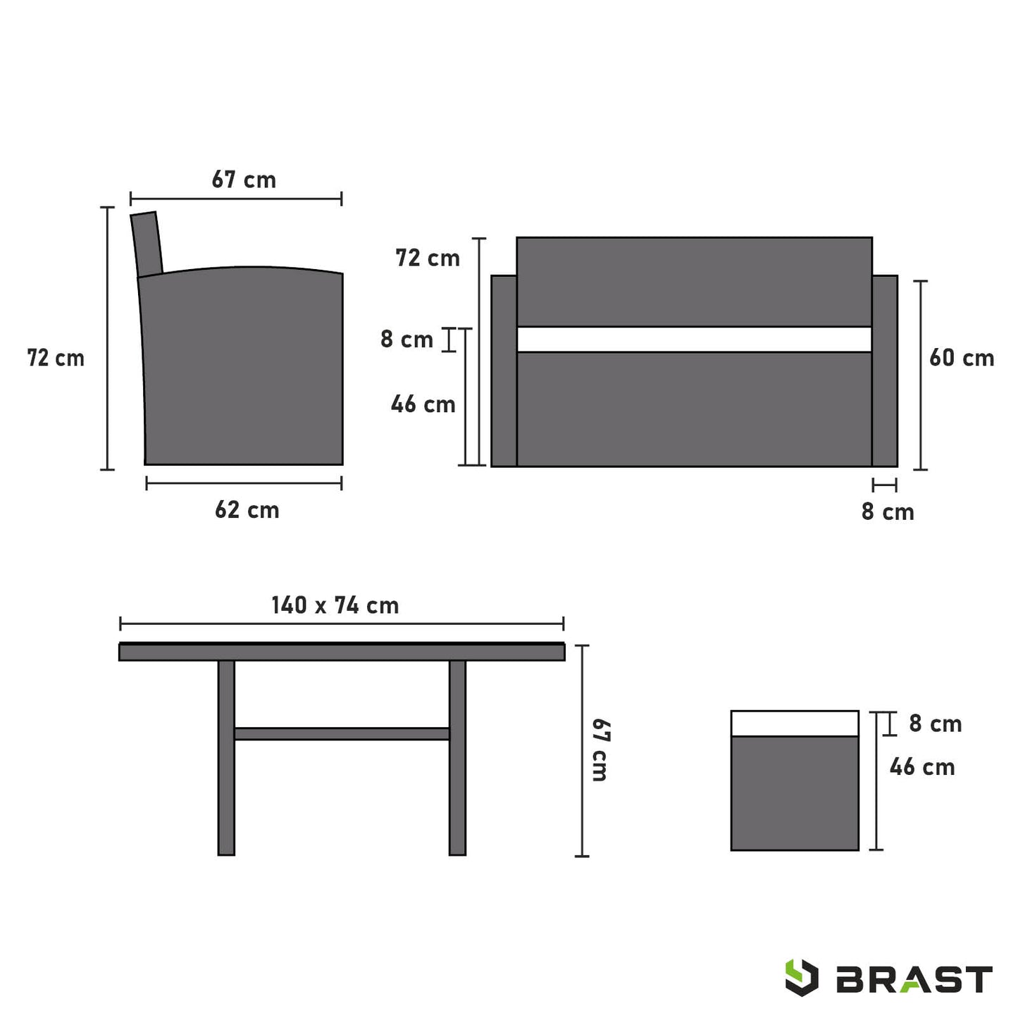 Polyrattan Sofa Essgruppe DELIGHT schwarz/grau