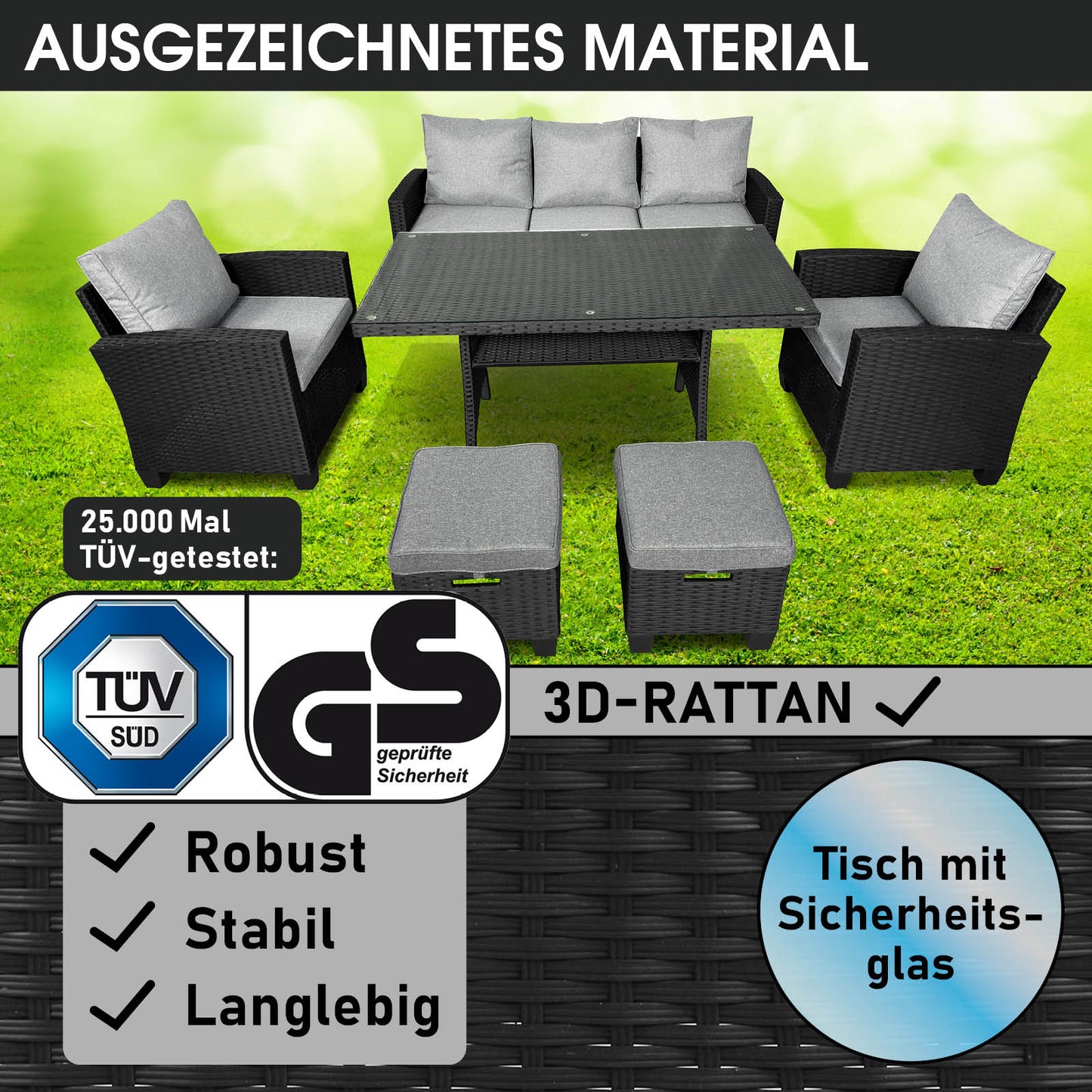 Polyrattan Sofa Essgruppe DELIGHT schwarz/grau