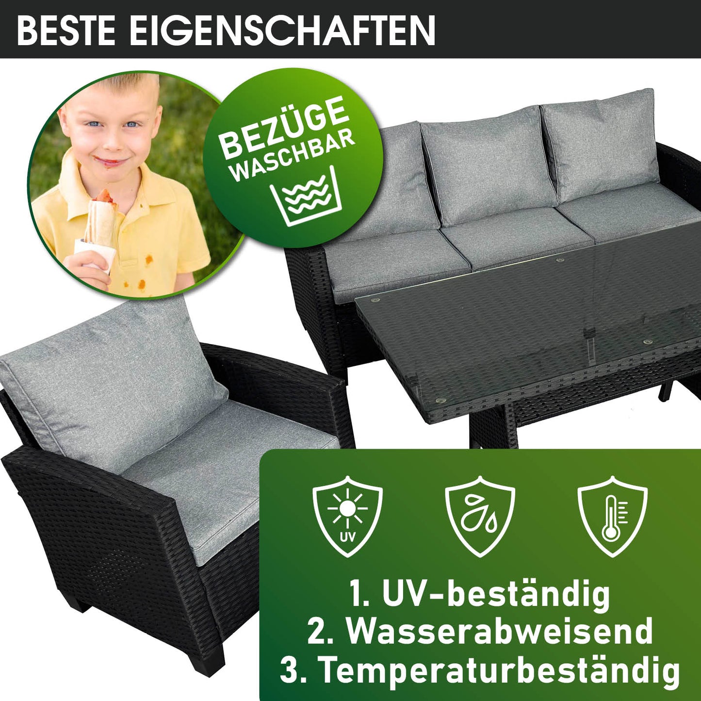 Polyrattan Sofa Essgruppe DELIGHT schwarz/grau