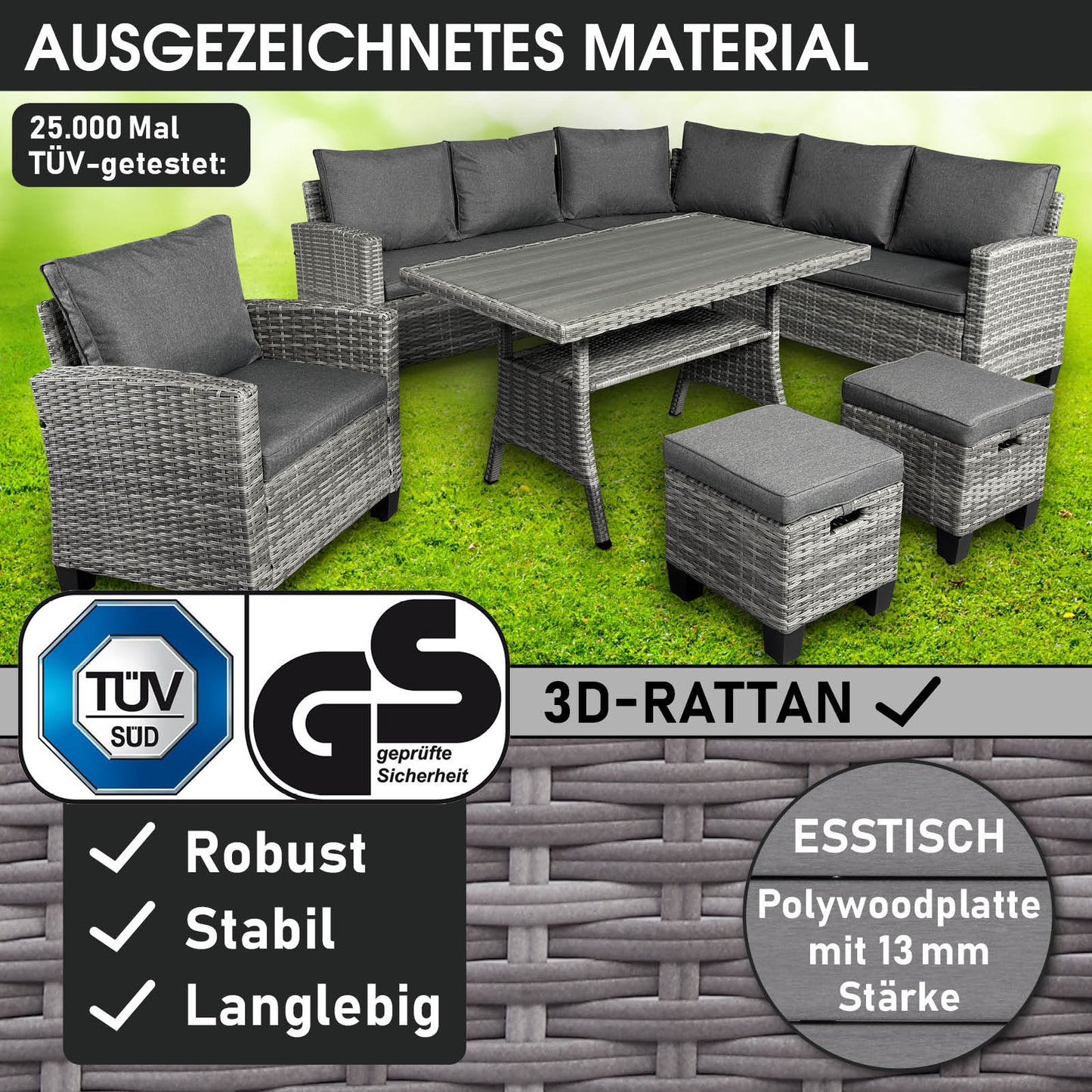 Polyrattan Sofa Essgruppe HACIENDA grau/anthrazit